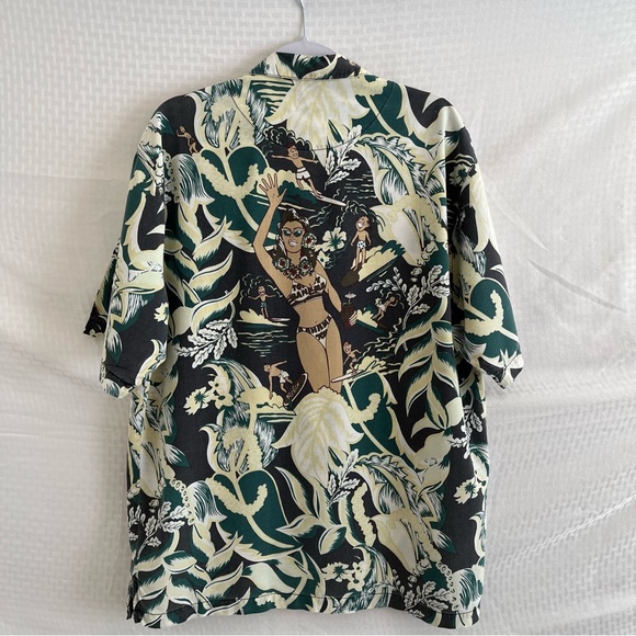 Tommy Bahama Vintage Hawaiian Surfer Girl Short Sleeve Shirt  Green Yellow Large - Picture 2 of 10